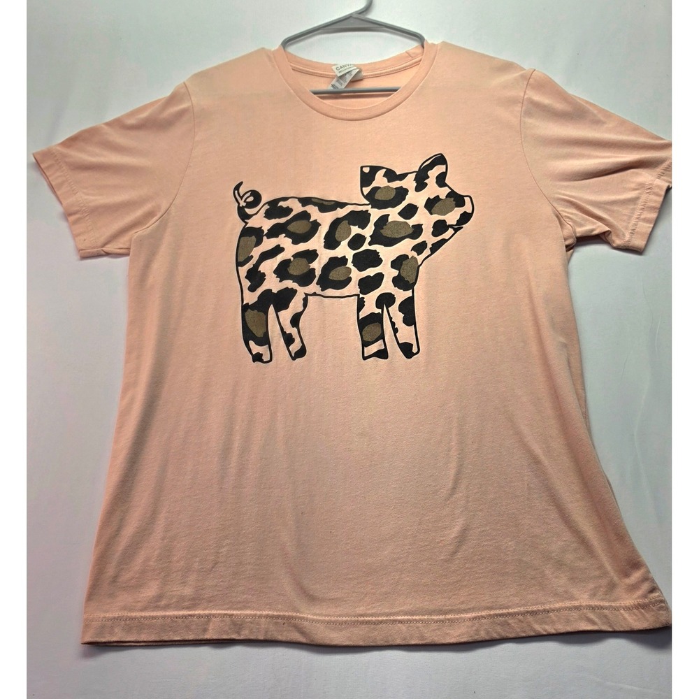 Bella Canvas Peach Leopard Print Pig Graphic Tee Shirt Women Large Glitter L